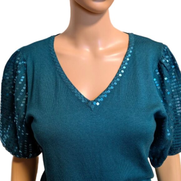 NWOT Laura Petite Sweater Top with Sequin Accents and Puff Sleeves - Picture 3 of 7